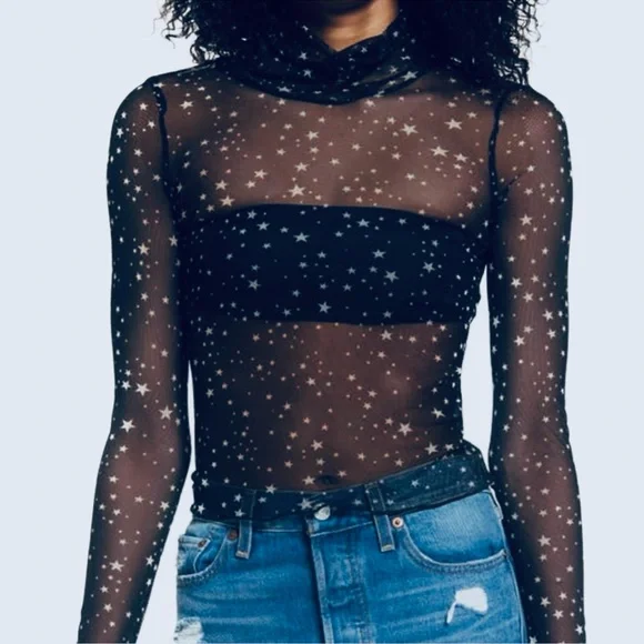 La La Land Black Star Print Sheer Mesh Mock Neck Size Small New - Picture 1 of 8